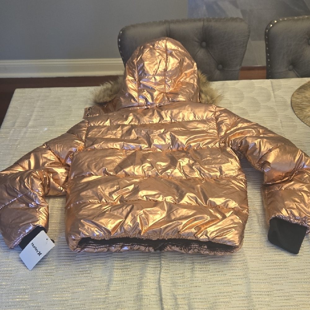 Nwt Girls HURLEY Rose Gold Puffer Jacket with Faux Fur Hood SIZE LARGE - Picture 5 of 5